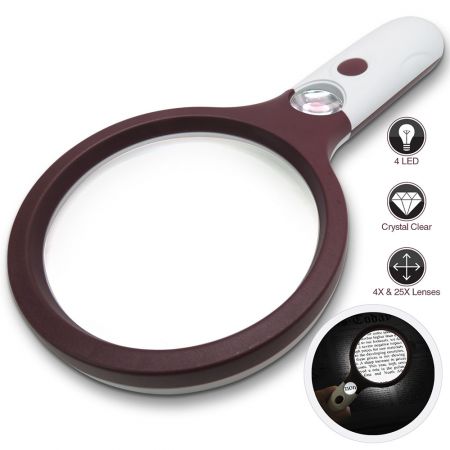4X/25X Extra Large Round Handheld Magnifying Glass with 3 LED Lights