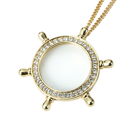 Rudder Shaped Golden Pendant Necklace Magnifier with Rhinestones