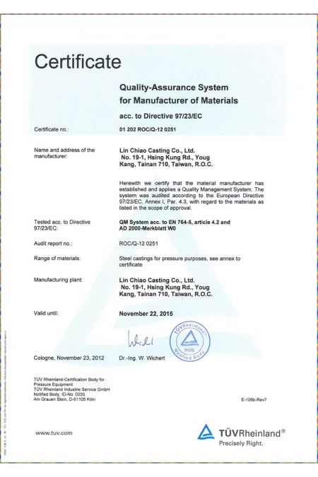 TUV PED Certificate - 01 202 ROC/Q-12 0251