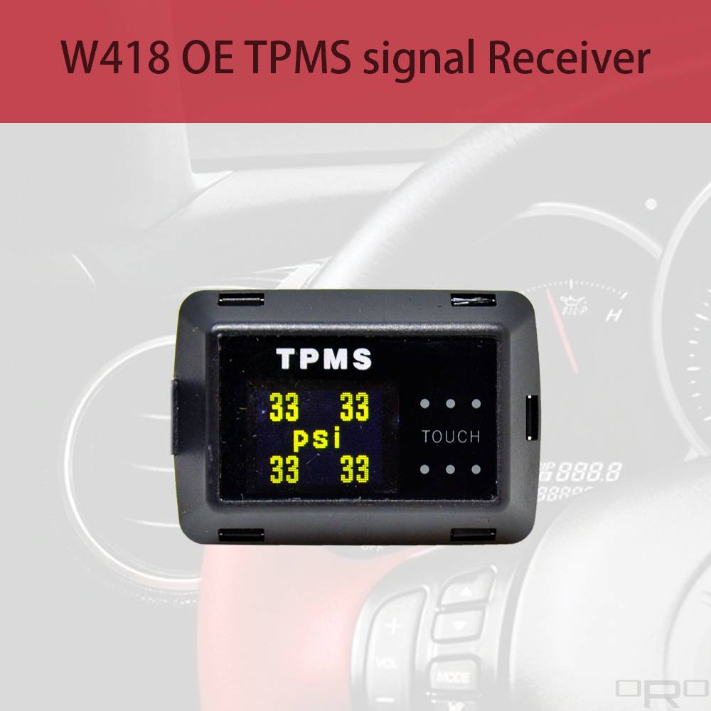 Das Modell W418 kann OE-TPMS-Signale empfangen und alle Reifeninformationen anzeigen, wenn das TPMS des Fahrzeugs gerade auf dem Armaturenbrett leuchtet. Das Modell W418 ist ein Pastentyp mit Touchscreen, der auf einer flachen Fläche in der Nähe des Fahrers installiert werden kann.