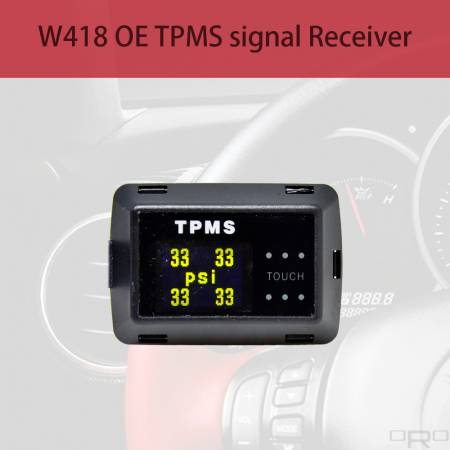 W418 OE TPMS-Signalempfänger - Das Modell W418 kann OE-TPMS-Signale empfangen und alle Reifeninformationen anzeigen, wenn das TPMS des Fahrzeugs gerade auf dem Armaturenbrett leuchtet. Das Modell W418 ist ein Pastentyp mit Touchscreen, der auf einer flachen Fläche in der Nähe des Fahrers installiert werden kann.