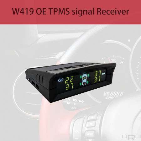 W419 OE TPMS 신호 수신기 - 모델 W419는 OE TPMS 신호를 수신하고 차량 TPMS가 대시보드에 표시등만 있는 경우 모든 타이어 정보를 표시할 수 있습니다. Model W419는 사용자가 어디에나 설치할 수 있는 태양열 충전 방식입니다. 날씨가 좋지 않을 때는 USB 케이블로 기기를 충전할 수도 있습니다.