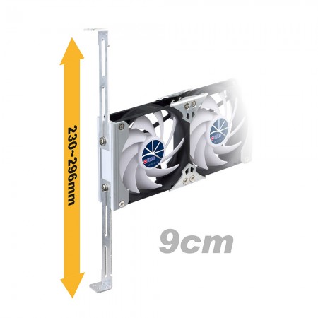 90 mm rafa monte havalandırma kabini veya buzdolabı fanı 230 mm - 296 mm arasında ayarlanabilir raf sürgülü rayları destekler