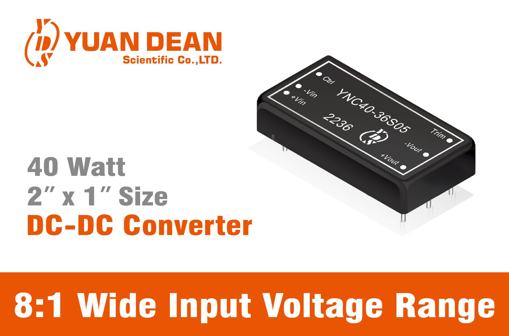 8:1 wide input voltage range 40W DC-DC power converter