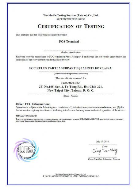 FCC Certificate of Fametech (TYSSO)