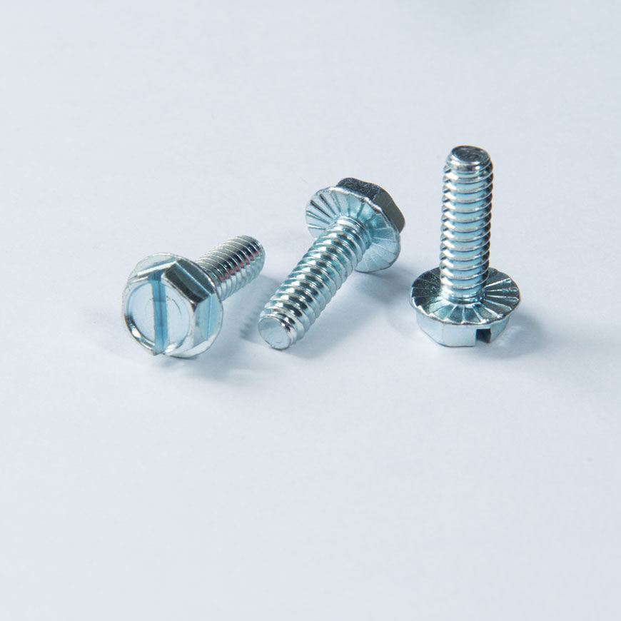 Chamfered Hex Washer Head Screw - Slotted Chamfered Hex Washer Head Screw, Serration under Head w/ Machine Thread, Trivalent Chromium Zinc Plated