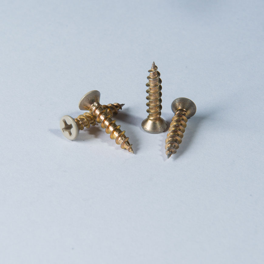 Flat Head Phillips Coarse Pointed Tail - Flat Head Phillips Rec Screw w/ Coarse Pointed Thread, Trivalent Chromium Yellow Zinc Plated, Light Gray Brown Painted Screw Head