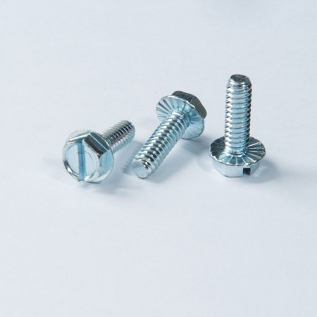 Chamfered Hex Washer Head Screw - Slotted Chamfered Hex Washer Head Screw, Serration under Head w/ Machine Thread, Trivalent Chromium Zinc Plated