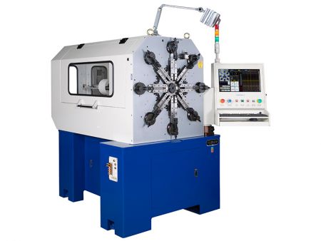 11-axis Camless Spring Machine - Wire-rotating Type - This multi-axis spring machine can greatly improve the productivity of spring manufacturing.