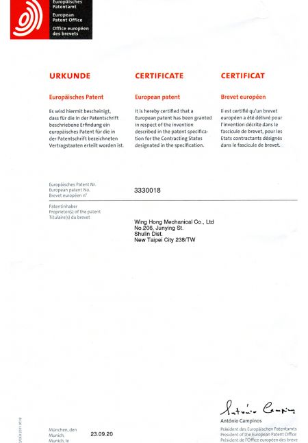 Patent certificate for wire forming mechanism of spring machine (Europe)