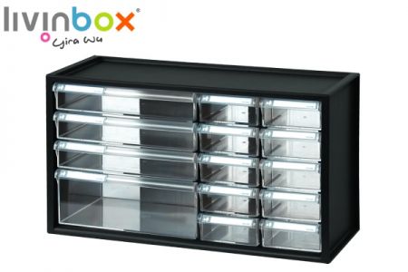 Large plastic desktop storage with 14 drawers in black.