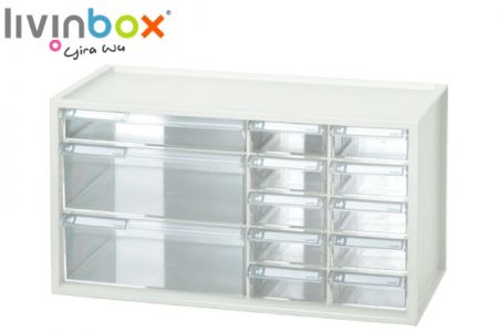 Large plastic desktop storage with 13 drawers in white