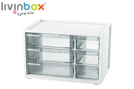 Small plastic desktop organizer with 6 drawers
