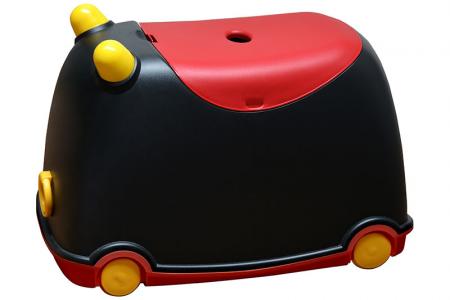 BuBu Moveable Storage Bin on Wheels - 25 Liter Volume - Tow-along BuBu moveable toy storage bin for children in black and red.