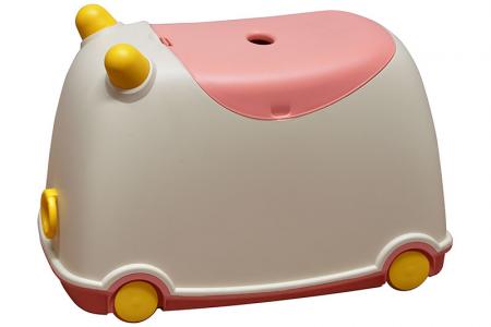 Tow-along BuBu moveable toy storage bin for children in pink.