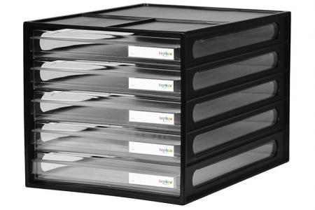 Vertical desktop file storage with 5 drawers in black.