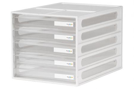 Cassetti dell'organizzatore del desktop dell'ufficio con 5 cassetti - Archiviazione di file desktop verticale con 5 cassetti in bianco.