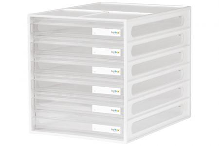 Office Desktop Organizer Drawers with 6 Drawers - Vertical desktop file storage with 6 drawers in white.