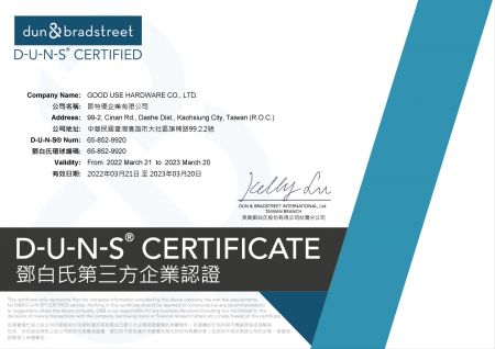 Dun & Bradstreet Corporation is a well-known international company by uncovering truth and meaning from data. Good Use Hardware Co., Ltd. passed the authentication & verification process of DUNS® Registered™ Certificate to prove the stable business operation and financial situation. Customers can trust Good Use and buy our products.