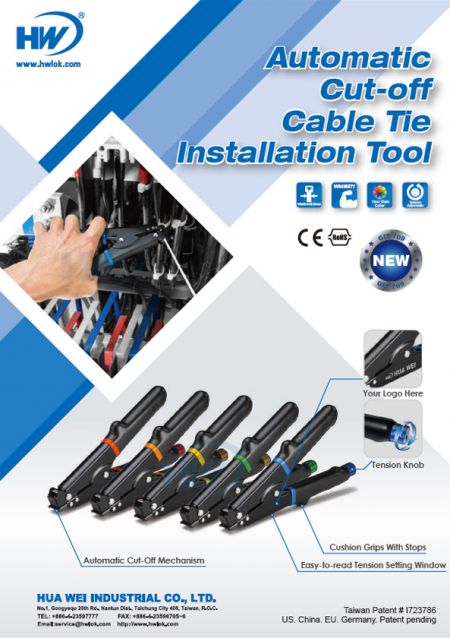 Flyer met installatiegereedschap voor automatische kabelbinders