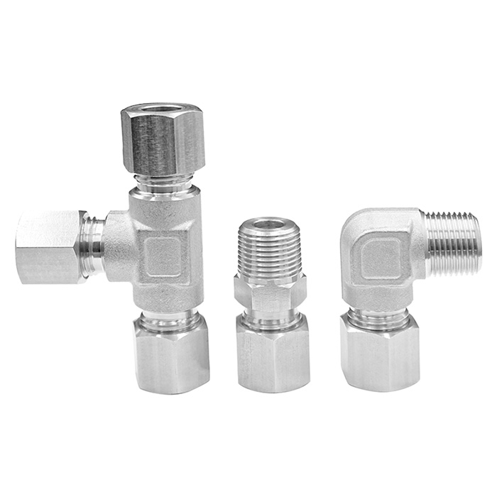304 stainless steel compression fittings shows Union Tee, Male Connector, and Male Elbow.