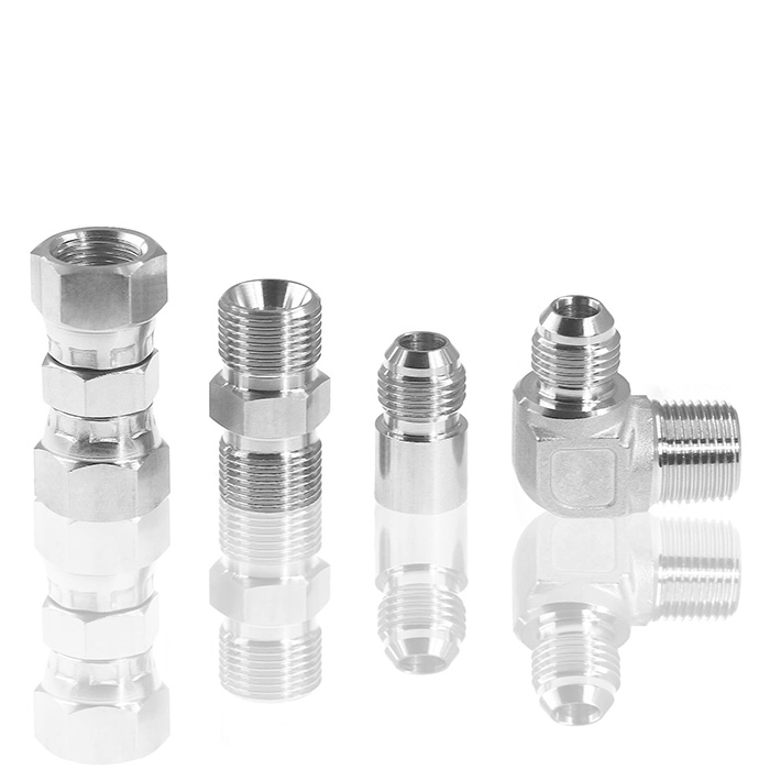 The photo of stainless steel Hydraulic Fittings shows JIC 37-degree Swivel Union, BS5200 60-degree Cone Male Connector (PF thread x PT/NPT), and JIC 37-degree Flare Weld End Connector, JIC 37-degree Flare Male Elbow.