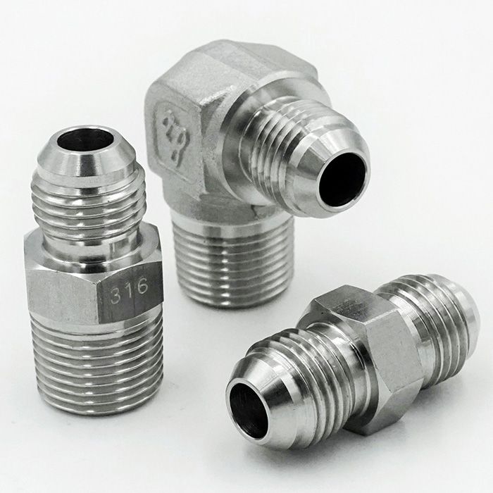 JIS 30-degree Flare Fittings shows the shapes of Male Connector (Male JIS x Male PT/NPT), Male Elbow (Male JIS x Male PT/NPT), and Union (Male JIS x Male JIS).