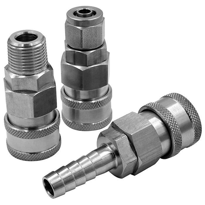 One-way shutoff quick couplings in stainless steel and nylon66 (C type).