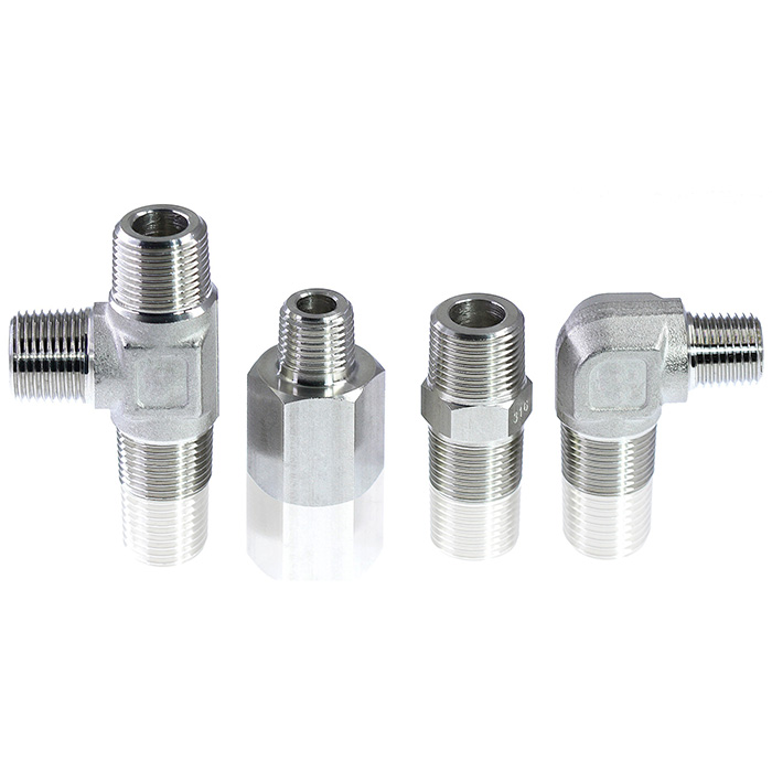 304/316 Stainless steel Pipe Fittings shows Male Tee (PT x PT x PT), Hex Adapter, Hex Nipple, and Male Elbow (PT x PT).