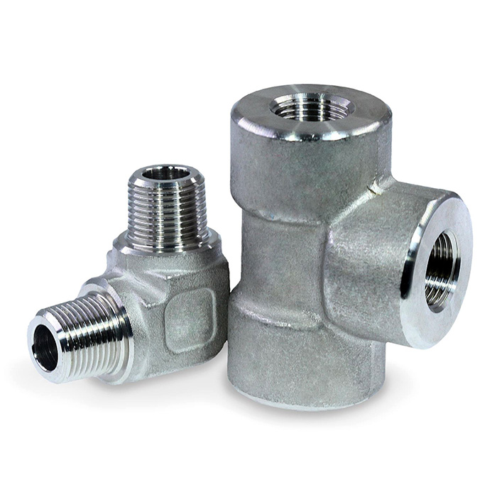 304/316 (High Pressure) Pipe Fittings shows the shapes of Male Elbow (PT/NPT x PT/NPT), and Threaded Tee 2000Lb/3000Lb (PT/NPT x PT/NPT x PT/NPT)