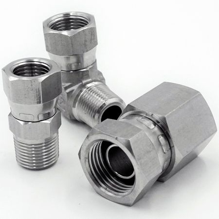 BS5200 60° Cone Swivel Fittings - BS5200 60-degree Cone Swivel Fittings shows the shapes of Male Connector (60° Cone Female Swivel x Male PT/NPT), Male Elbow (60° Cone Female Swivel x Male PT/NPT), Female Connector (60° Cone Female Swivel x Female PT/NPT)