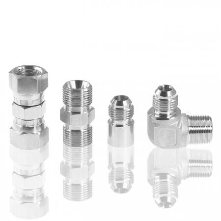Hydraulic Fittings / Swivel Fittings / Crimp Hose Fittings - The photo of stainless steel Hydraulic Fittings shows JIC 37-degree Swivel Union, BS5200 60-degree Cone Male Connector (PF thread x PT/NPT), and JIC 37-degree Flare Weld End Connector, JIC 37-degree Flare Male Elbow.