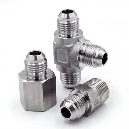 JIC 37° Flare  Hydraulic Fittings - JIC 37° Flare fittings shows the configurations of Union Tee (Male JIC x Male JIC x Male JIC), Male Connector (Male JIC x Male PT/NPT), and Female Connector (Male JIC x Female PT/NPT).
