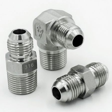 JIS 30° Flare Hydraulic Fittings - JIS 30-degree Flare Fittings shows the shapes of Male Connector (Male JIS x Male PT/NPT), Male Elbow (Male JIS x Male PT/NPT), and Union (Male JIS x Male JIS).