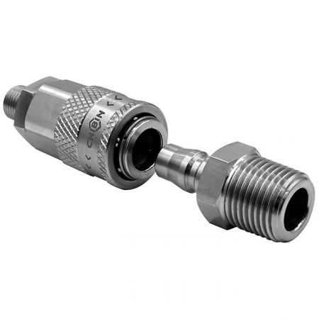One-Way Shutoff Quick Couplings - 304 / 316 stainless steel One-Way Shutoff Quick Couplings shows One Touch Type - Safety Series – Male Socket and Male Plug which can be the material in stainless steel, steel, nylon66+GF (Glass Fiber), or nylon66.