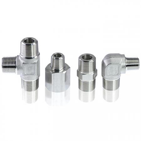 Pipe Fittings - 304/316 Stainless steel Pipe Fittings shows Male Tee (PT x PT x PT), Hex Adapter, Hex Nipple, and Male Elbow (PT x PT).