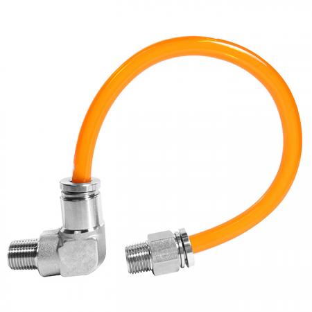 Push-in Pneumatic Fittings - A soft thermoplastic tube connects to 304 / 316 stainless steel Push-in Pneumatic Male Elbow at one end and stainless steel Push-in Pneumatic Male Connector at another end.