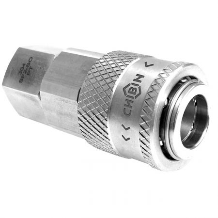 One Touch Type-Safety Series,One-Way Shutoff Quick Couplings  Female Socket - Stainless steel automatic locking quick coupling, One-hand operating quick coupling for pneumatic tools.