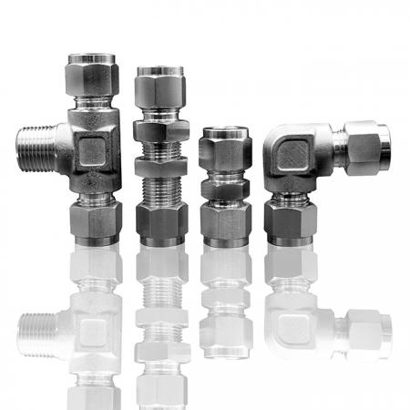 Tube Fittings - Double-ferrules - 316 stainless steel double-ferrule fittings shows Male Branch Tee, Bulkhead Union, Union, Union Elbow.