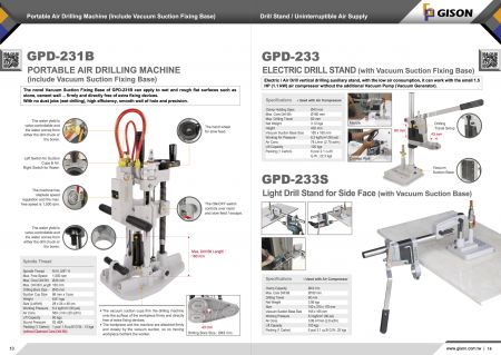 GPD-231B 휴대용 공압 드릴링 머신, GPD-233/233S 드릴링 스탠드