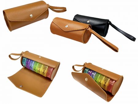 Portapillole in plastica personalizzato per borsa in pelle - Portapillole e organizer personalizzati con borsa in pelle per grossisti.
