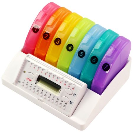 Oval 28 Grids Pill Medication Reminder Organizer with Alarm & Portable Tray - Printed Pill Case with Timer Appearance