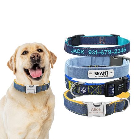 Wholesale Denim Dog Collar - Wholesale Denim Dog Collar with Nameplate