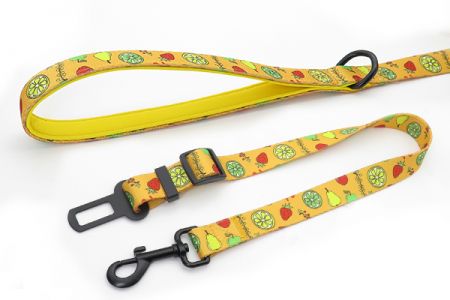 Dog leashes and seat belts are made of high-density polyester webbing, you can also change to nylon or imitation nylon. The neoprene padded handle for the leash brings comfortable control to the pets,  there is also a D ring attached here to hang keychains or poop bag holders to keep hygiene. The dog car seat belt owns a premium seat belt clip that fits into any seat belt outlet. The length is adjustable as well. 