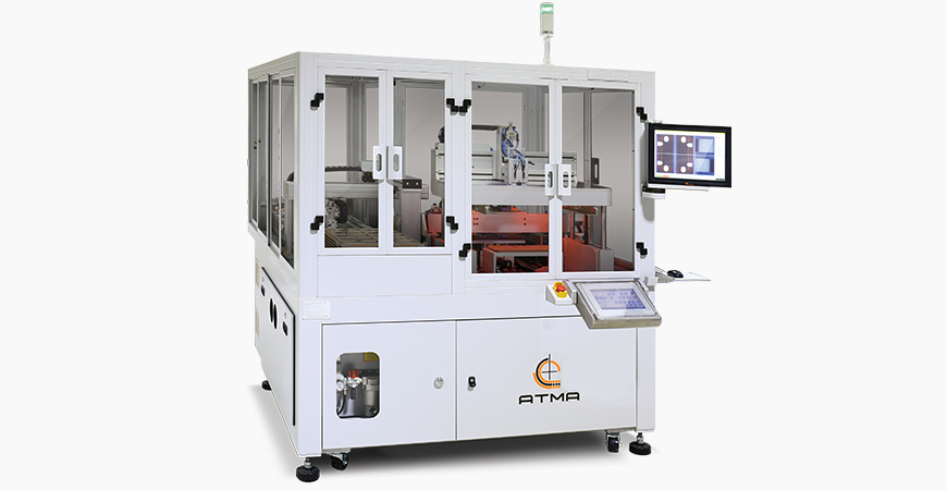 Twin sliding table reciprocates in and outward interchange, attains the goal of fast production capacityCCD registering captures cover lens without registration mark, accuracy achieves ±5µm to implement centered printing accuracy.