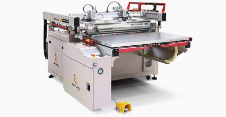 Four-post Screen Printer with Gripper Take-off (advanced size 700x1000 mm) - Digital control preset printing parameters, servo driven equalized air pressure printing stroke and synchronous peel-off to avoid sticky mesh, auto gripper take-off to raise productivity.