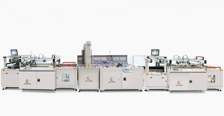 Fully Automatic Printed Circuits Double Sided Legend Screen Printing Line - Combine A side legend screen printer + auto turn over + B side solder mask screen printer, wicket dryer is connected behind to become automatic production process line
