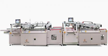 Fully Automatic PCB Double Sided Solder Mask Screen Printing Line - Combined C side Solder Mask Screen Printer + Accumulator + Automatic Turn Over + S side Solder Mask Screen Printer, connected with Wicket Dryer inline process.