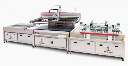 Automatic High Speed Screen Printer for Automotive Triangle Lateral Window - Automotive Skylight, Full View Skylight, Appliance Glass Fully Automatic Printing Line, which is fast production tool.