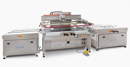 Automatic Home Appliance Glass Screen Printer - Conveyor belts transfer glass panel, separately control strong or weak air pressure of registration pins, precise control registration accuracy, nesting bar is added at bilateral side to compensate substrate height for smooth printing